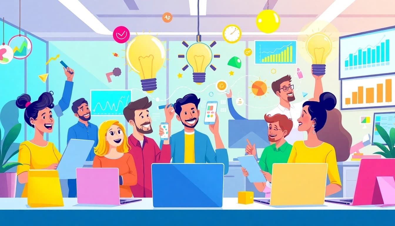 Erkläranimation zeigt kreative Charaktere in modernem Arbeitsumfeld mit lebendigen Farben.
