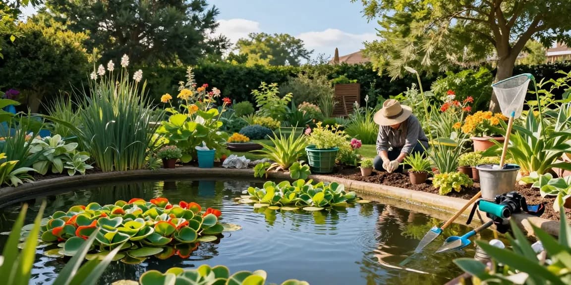 Vibrant marginal pond plants enhance a serene garden pond landscape featuring a gardener nurturing new plants.
