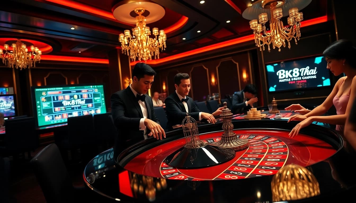 Engaged players enjoying a thrilling bk8thai casino roulette game in a luxury setting.