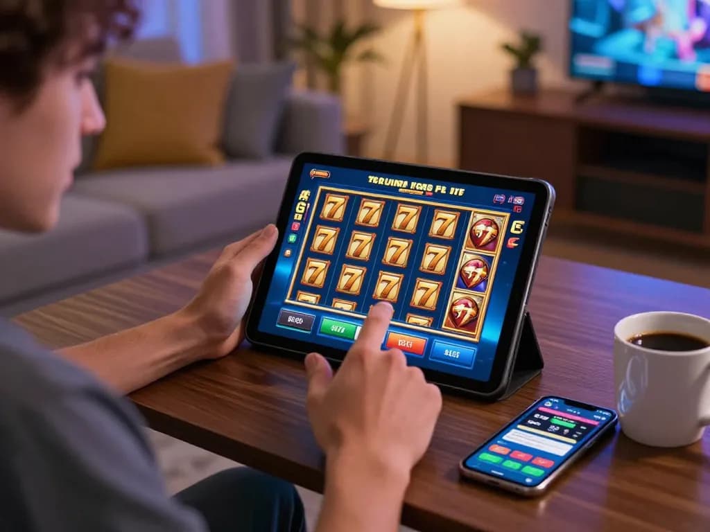 Enjoying slot 777 gameplay on a tablet in a cozy home setting with strategic gaming elements.