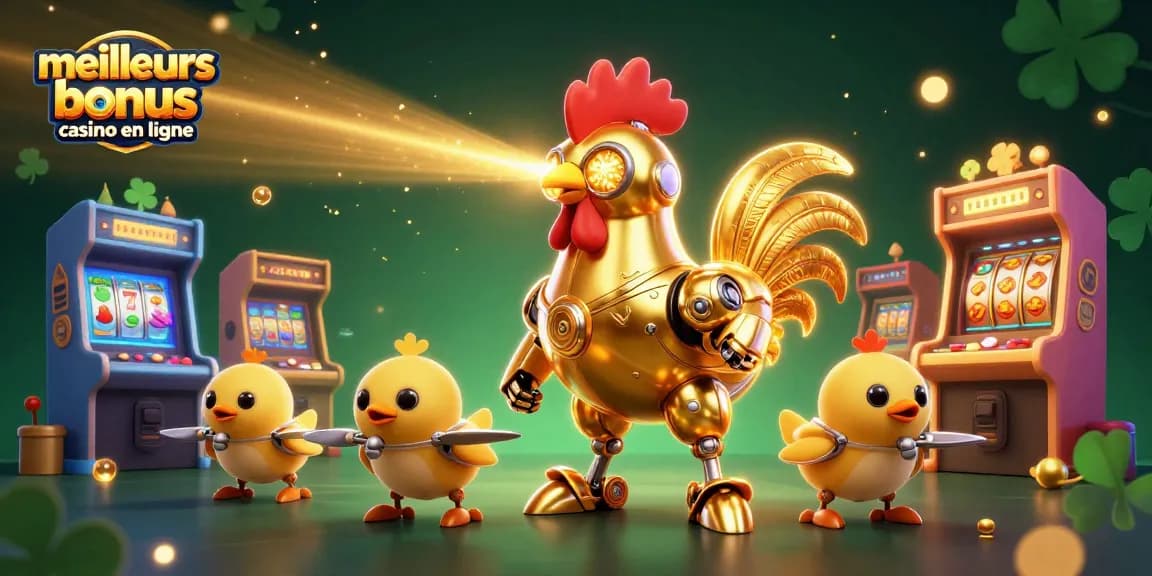 Obtenez les meilleurs bonus casino en ligne avec un robot coq doré et des drones en arrière-plan.
