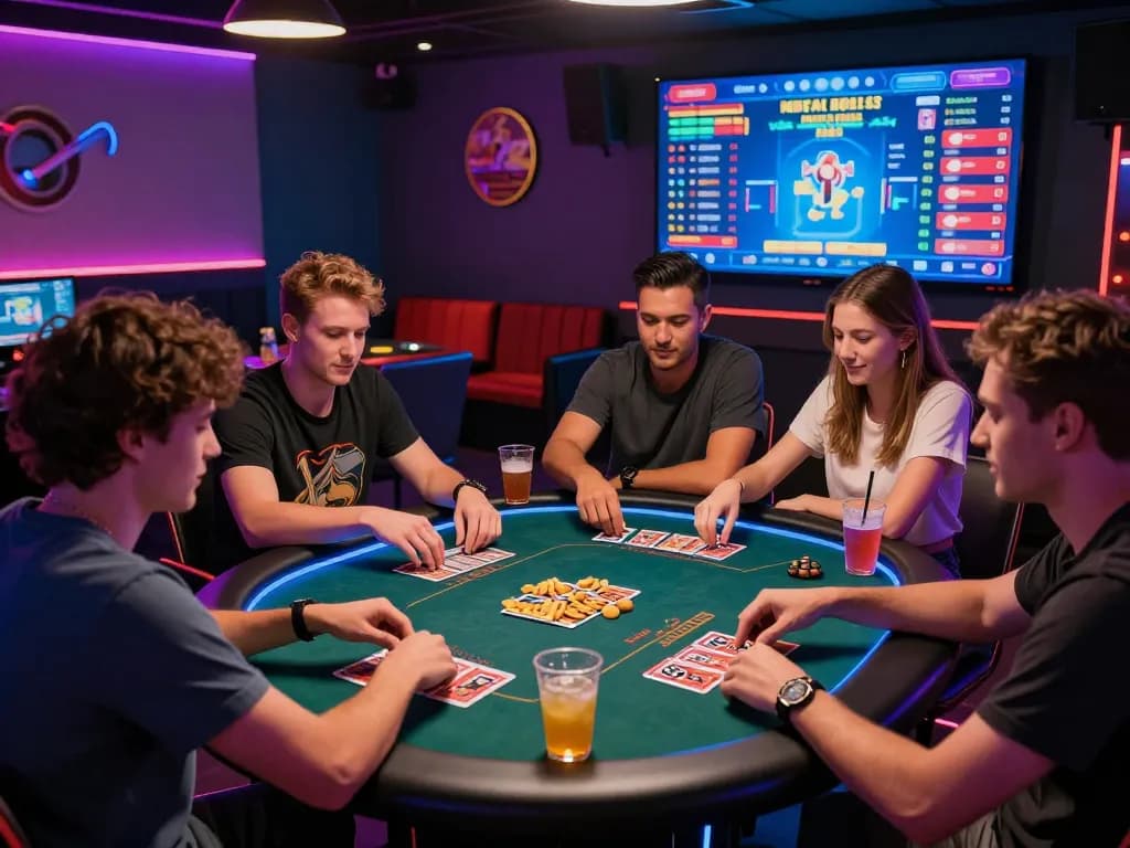 Exciting group enjoying casino hubet88 card games in a vibrant online gaming lounge setting