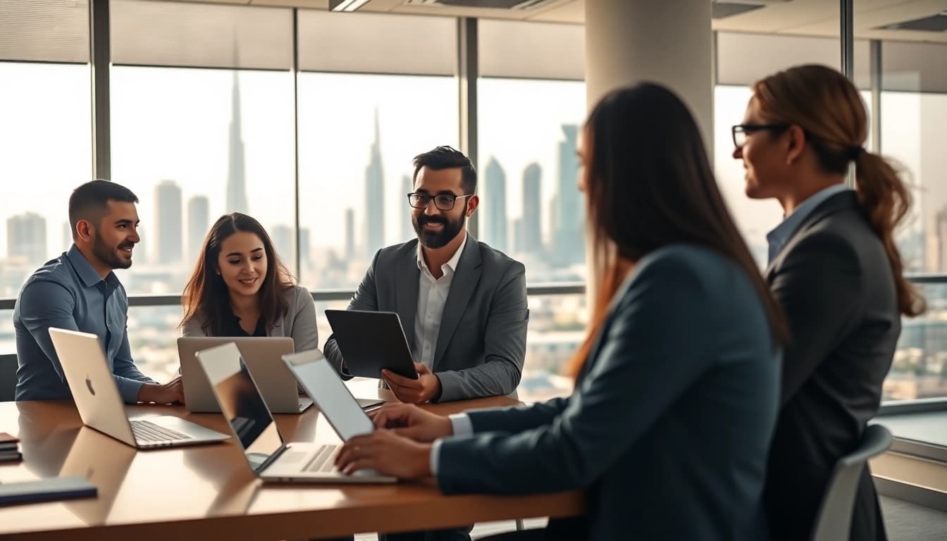 Engaging professionals as Business Consultants in Dubai collaborate in a modern office.