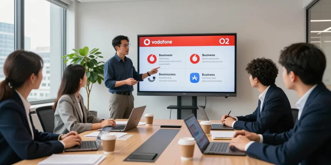 Comparing Vodafone vs O2 business mobile plans in a professional office meeting.