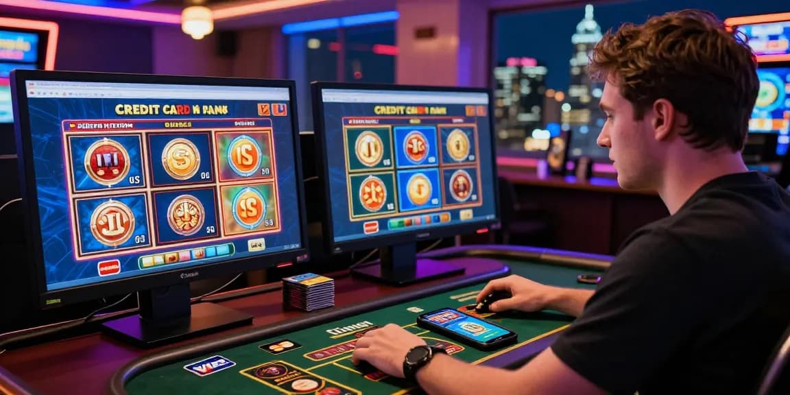 Player enjoying credit card casinos UK experience with colorful games and bonuses.