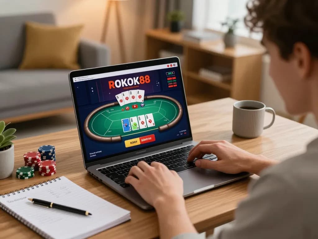 Player navigating ROKOK88 online casino, immersed in gaming strategy and excitement