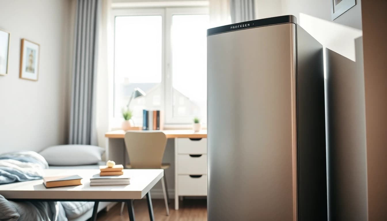 Dorm room fridge displayed in a modern setting with stylish decor, illustrating its practicality.