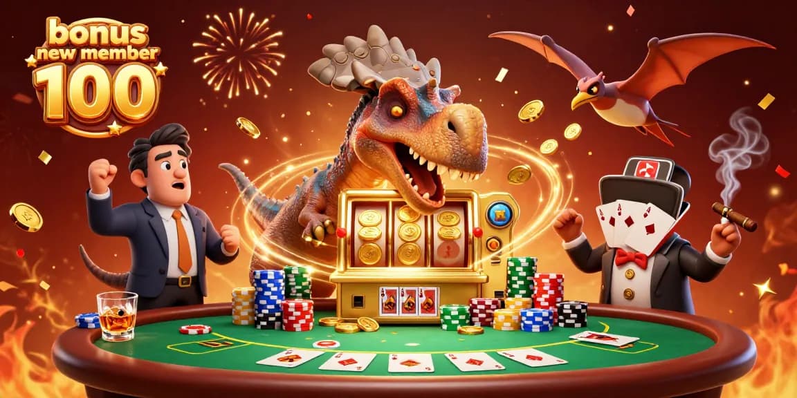 Experience the excitement with the bonus new member 100 as a cartoon dinosaur wins big at the casino!