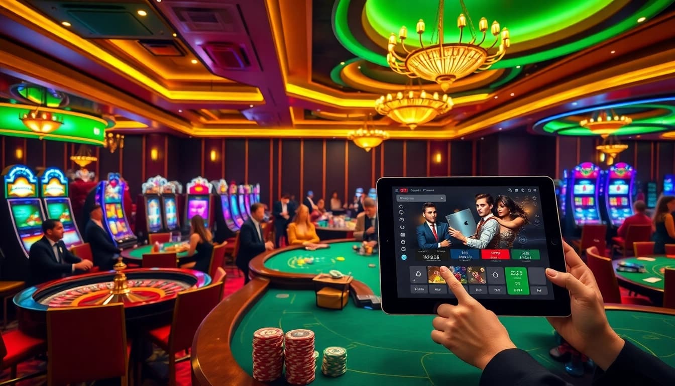 Experience the excitement of SHBET with players enjoying various games at a luxurious casino.