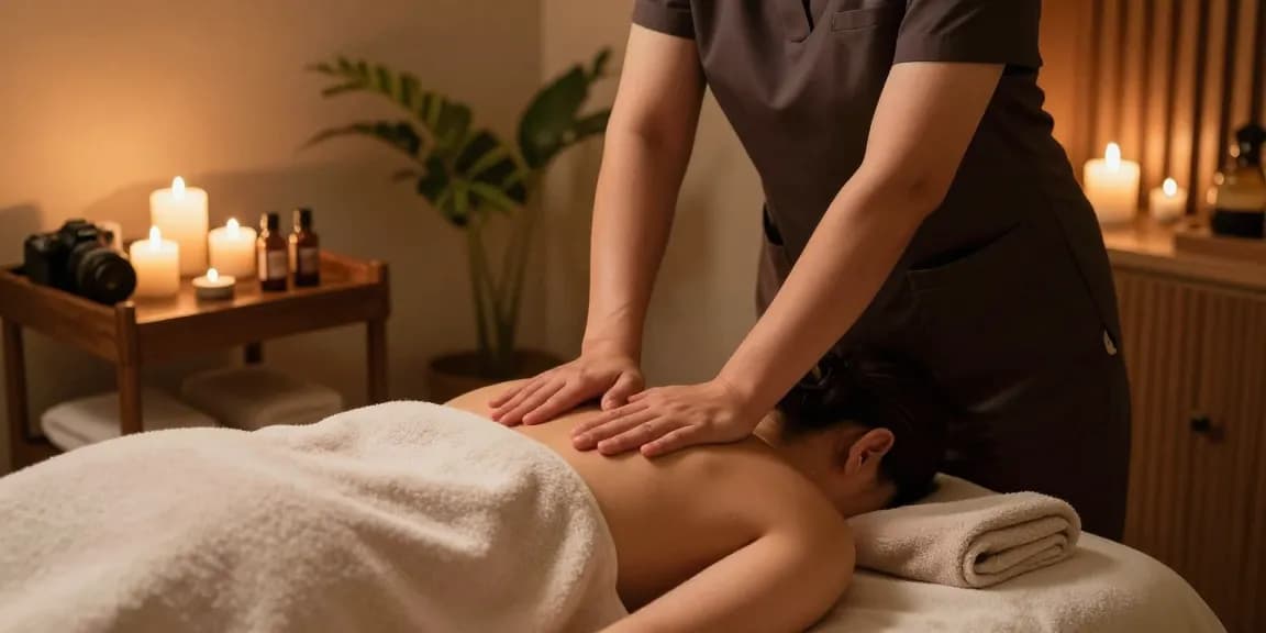 Massage therapy session in a serene spa setting, with a masseuse helping clients relax.