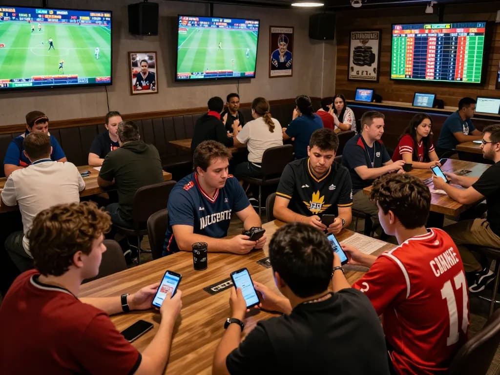 Fans placing live bets at a sports lounge while following real-time matches for 7m betting insights.