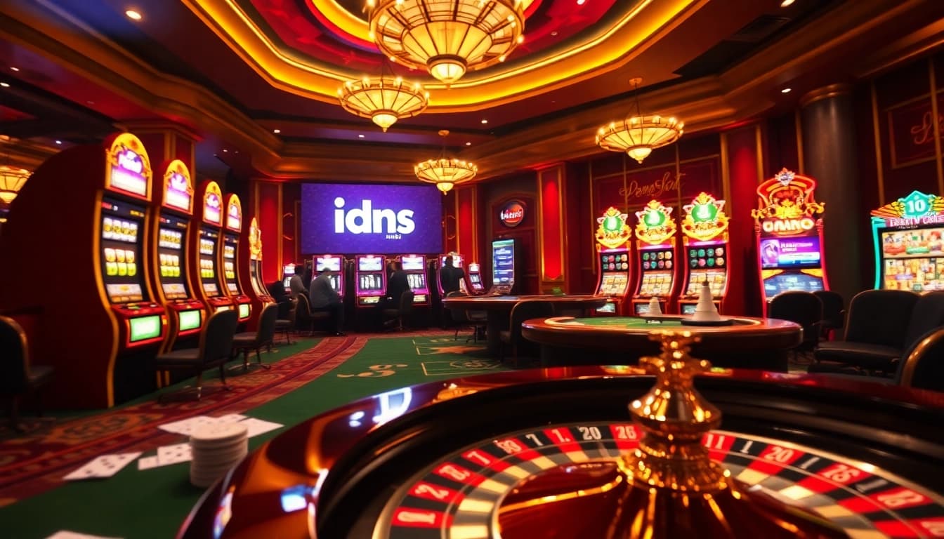 Engaging gameplay at idnslot with vibrant slots and betting slips in a luxurious casino environment.