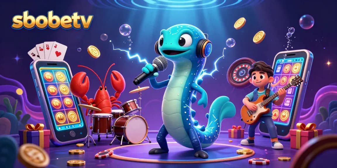 Experience sbobetv's electrifying underwater casino scene with vibrant characters, games, and golden coins.