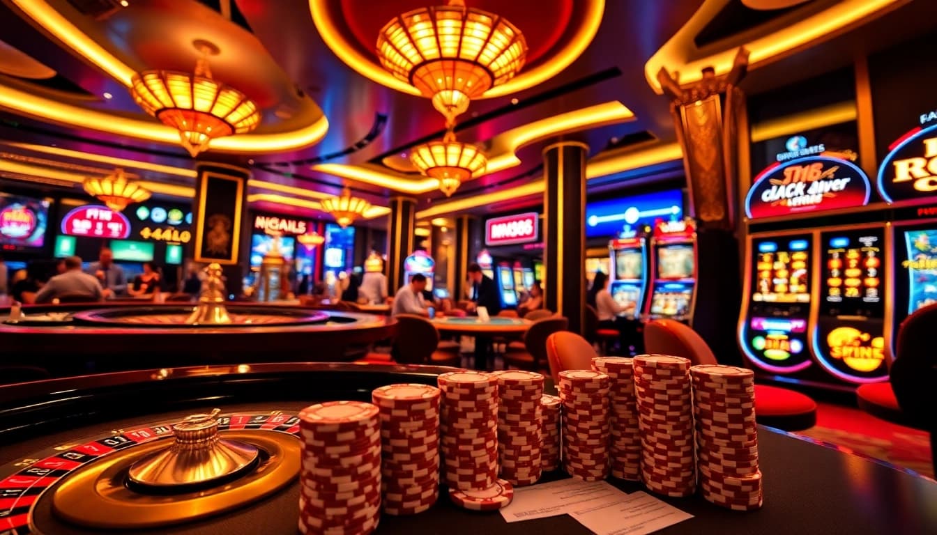 Gambling excitement at MM88 featuring poker tables and vibrant roulette wheels.