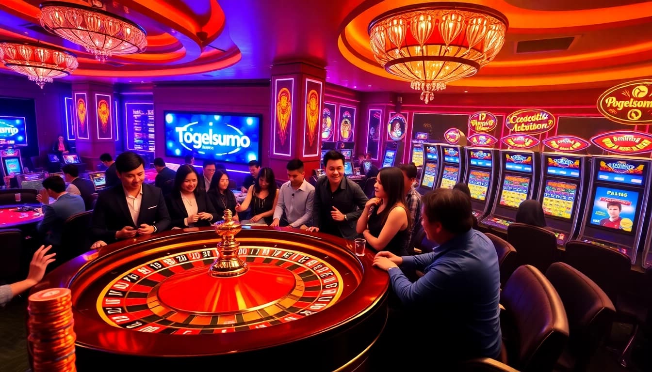 Kegembiraan kasino Togelsumo dengan pemain yang terlibat dalam permainan roulette dan slot