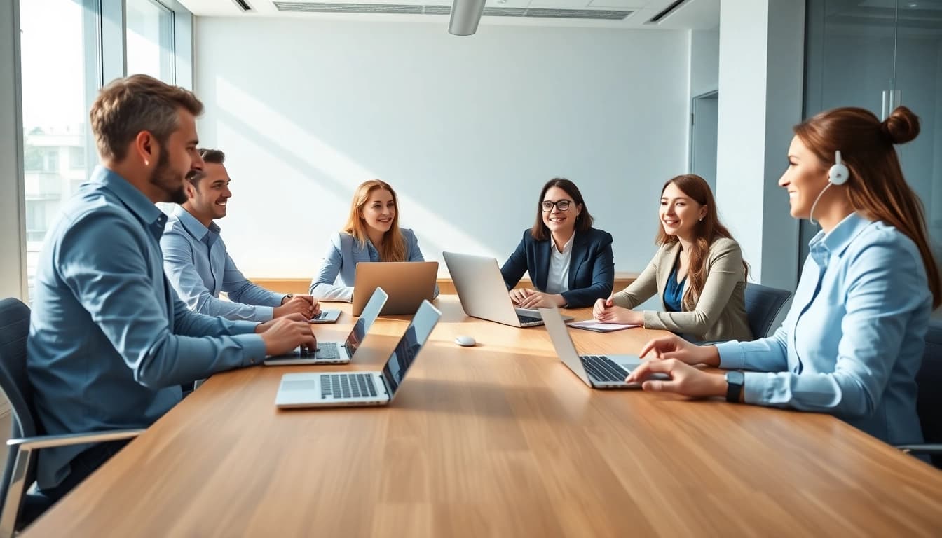 Visualize a digital first warranty company team collaborating on customer solutions in a bright modern office.