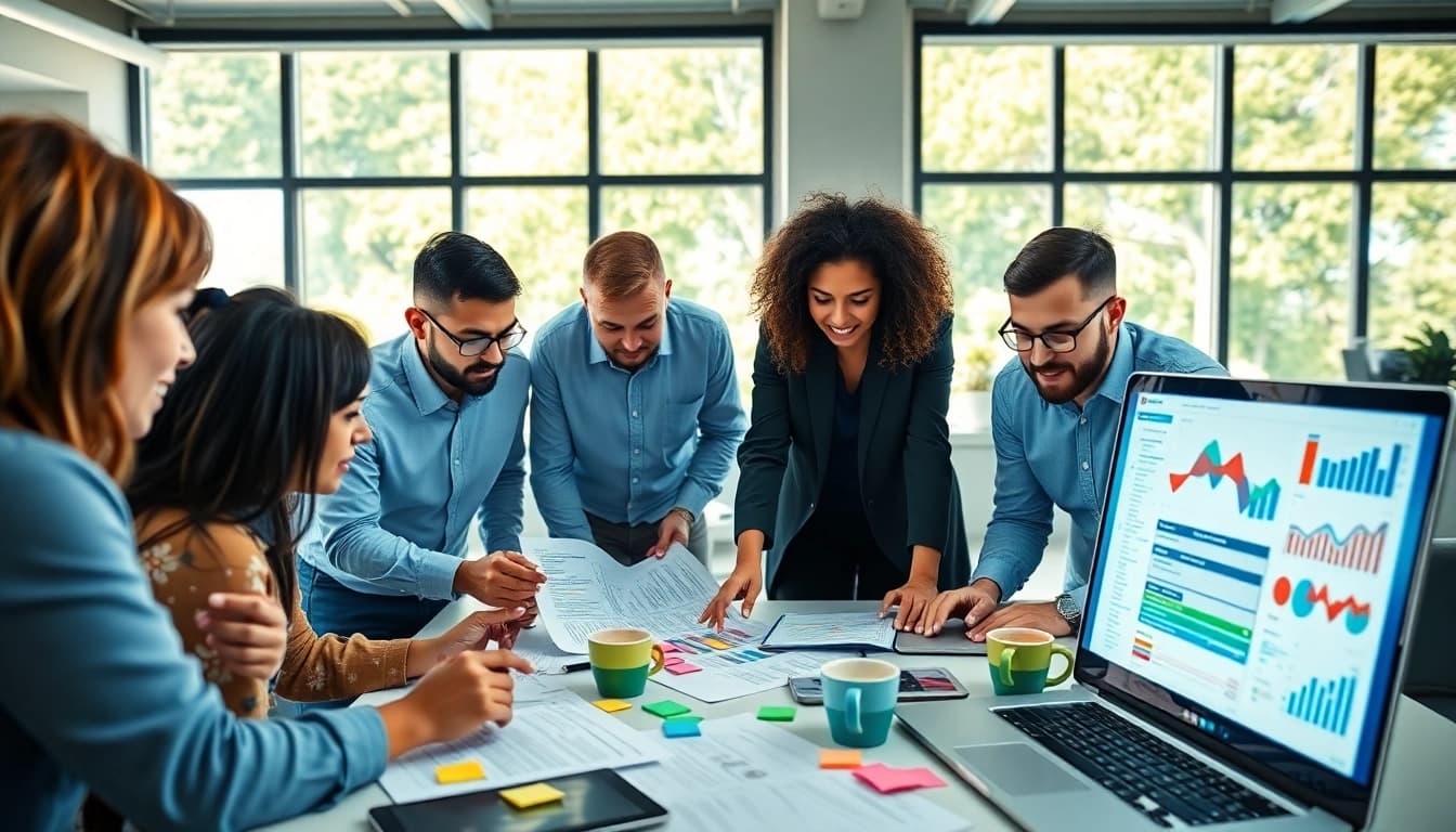 Analyze Content Gap Analysis in a collaborative office environment with diverse team members.