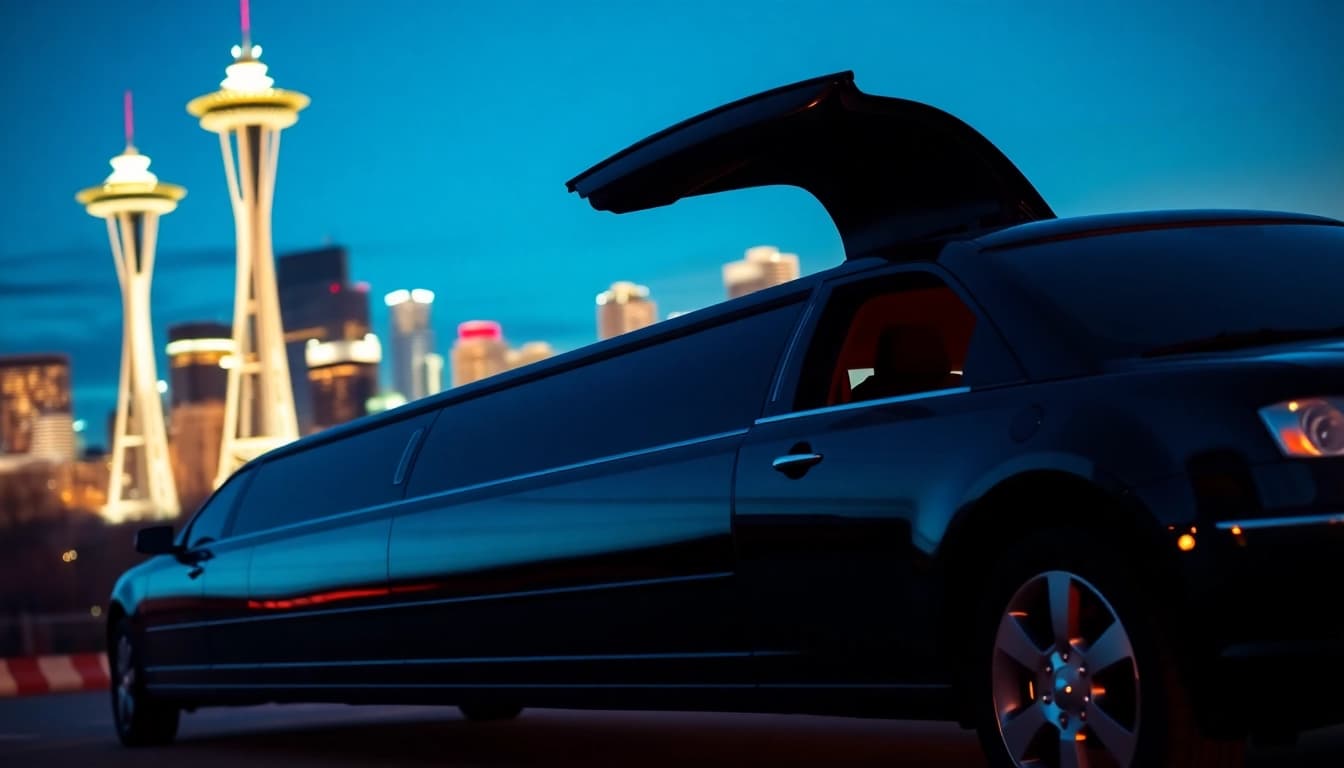Experience luxury with a seattle to vancouver limo, featuring a sleek black limousine against the city skyline.