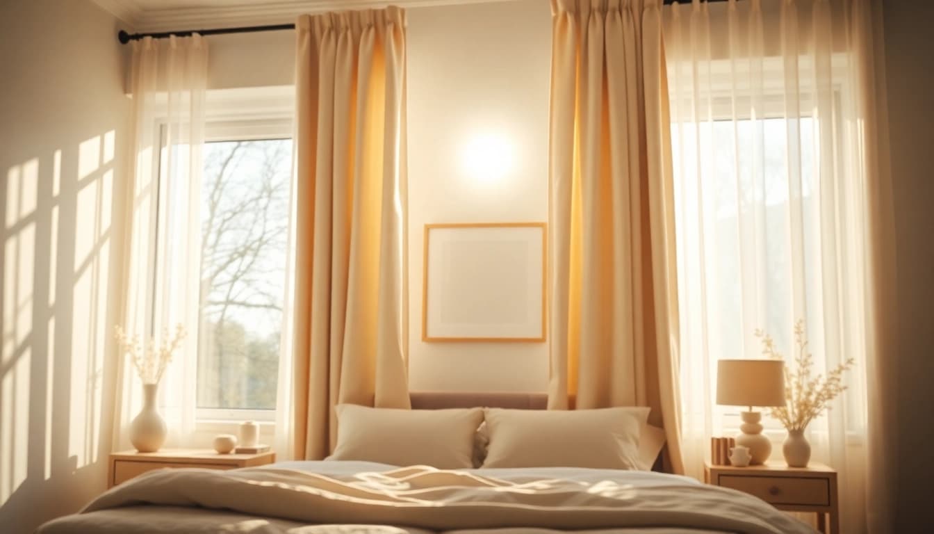 Creëer een serene sfeer met verduisterende gordijnen die licht blokkeren in een gezellige slaapkamer.