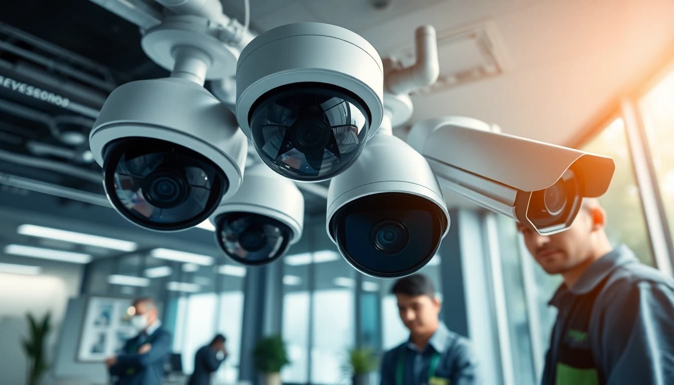 Cámaras de seguridad Hikvision instalándose en una oficina moderna por profesionales, destacando soluciones avanzadas de vigilancia.