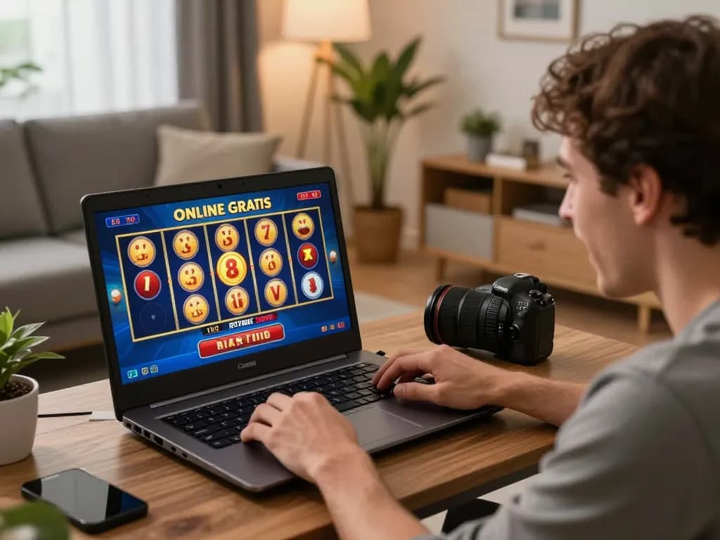 Enjoying casino online gratis senza registrazione through a vibrant slot game on a laptop in a cozy home setting.