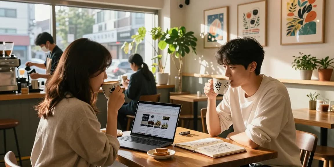 Café scene highlighting local shops and community, featuring coffee mugs and a laptop browsing https://forumup.org/shop/search.php?ca_id=&addr1=&addr2=&addr3=&schKeyword= for insights.