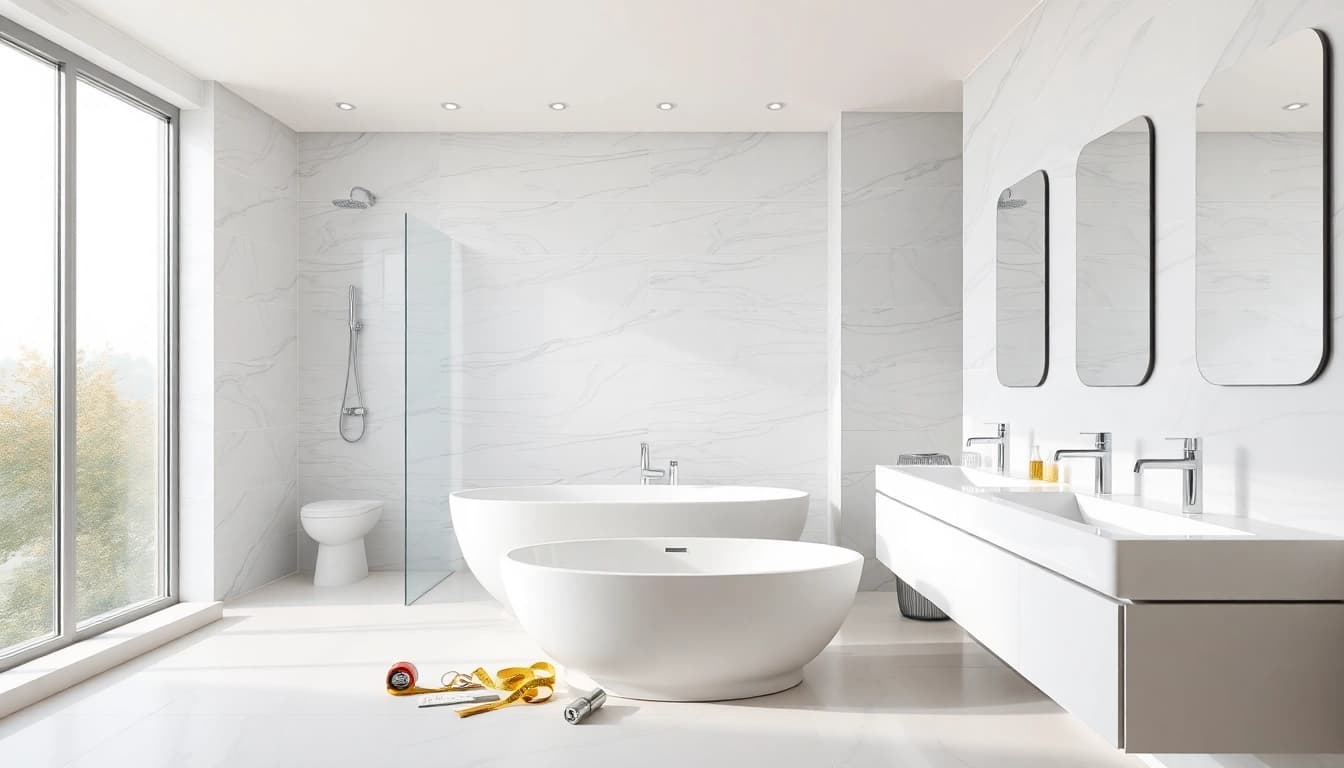 Expert bathroom builders showcasing modern design and elegant finishes in a bright setting.