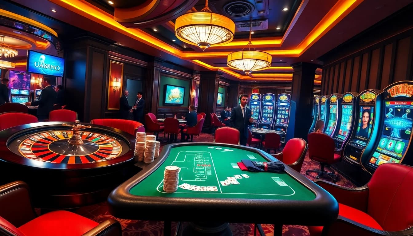 U888 online casino featuring a vibrant roulette wheel and interactive poker table in a luxurious setting.
