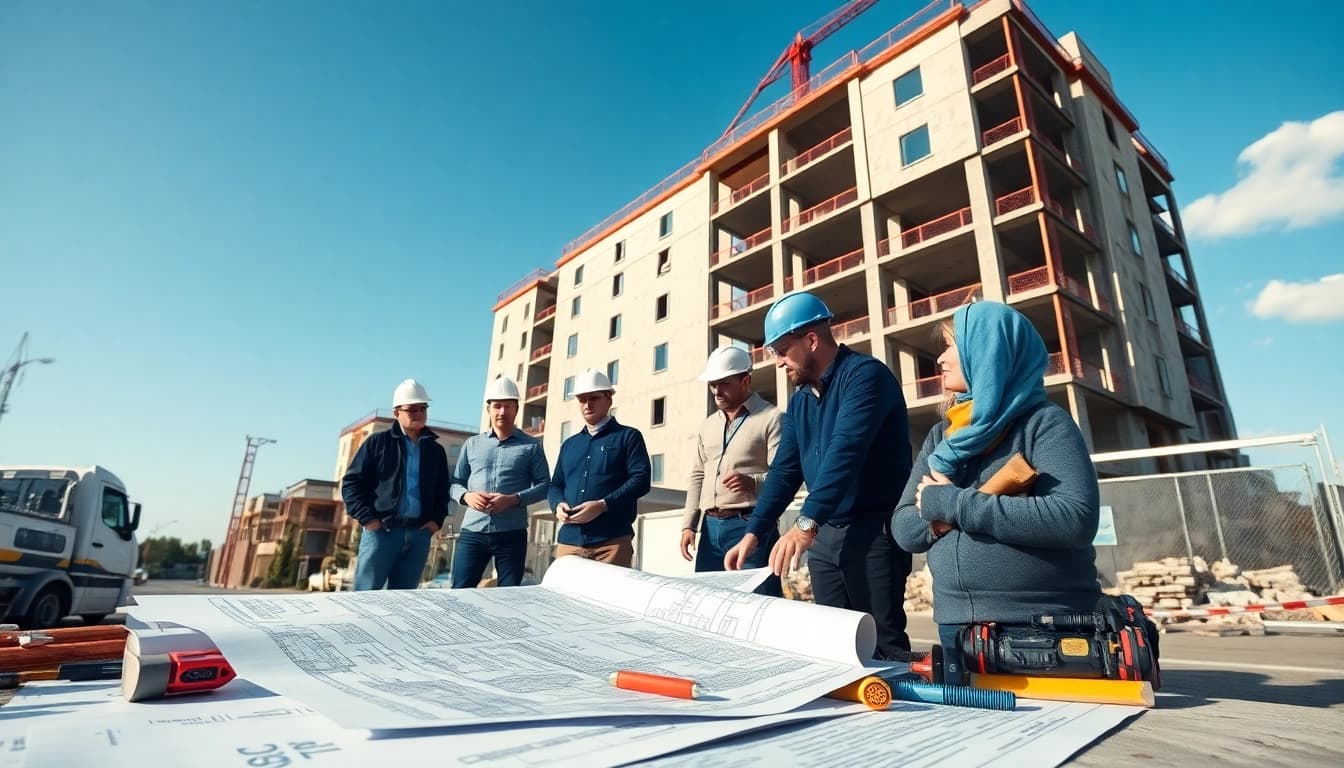 A dynamic real estate construction company team collaborating on a project with blueprints on site.