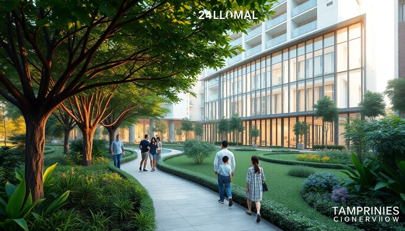 Showcase of Tampines EC with landscaped gardens and modern architecture highlighting luxury living.