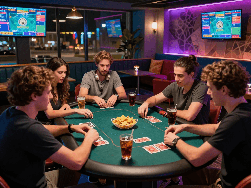 Vibrant gambling scene featuring friends enjoying rokok88 login experience in a modern gaming lounge.