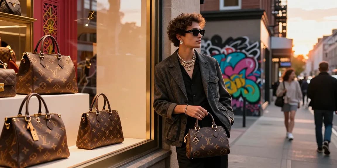 Showcasing high-quality 명품 레플리카 luxury handbags in an urban chic environment.