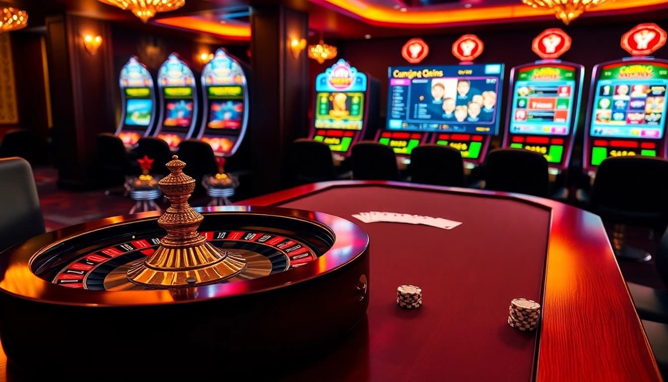 Une scène vibrante de casino en ligne Français 2026 mettant en vedette une roulette, des jetons de poker et des interfaces de jeux en ligne passionnantes.