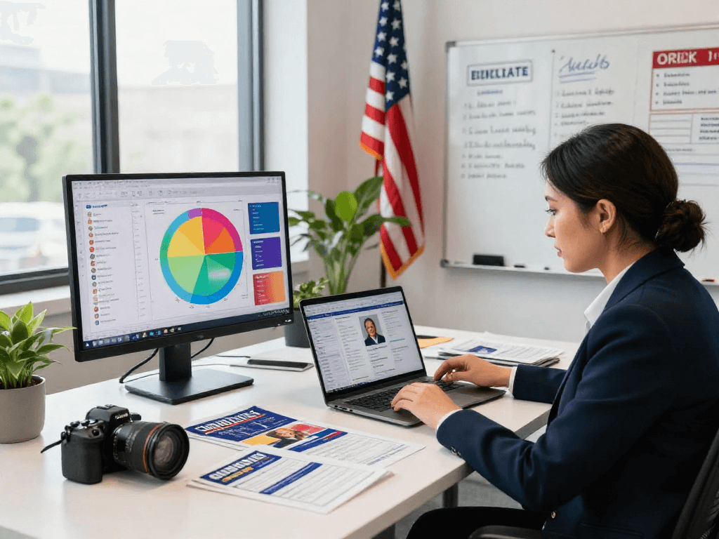 Engaging political influencer marketing strategy session with data-driven analysis in a campaign office.