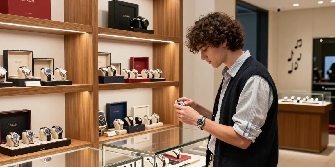 Engaging shopper examining 시계 레플리카 watches in an upscale retail setting.