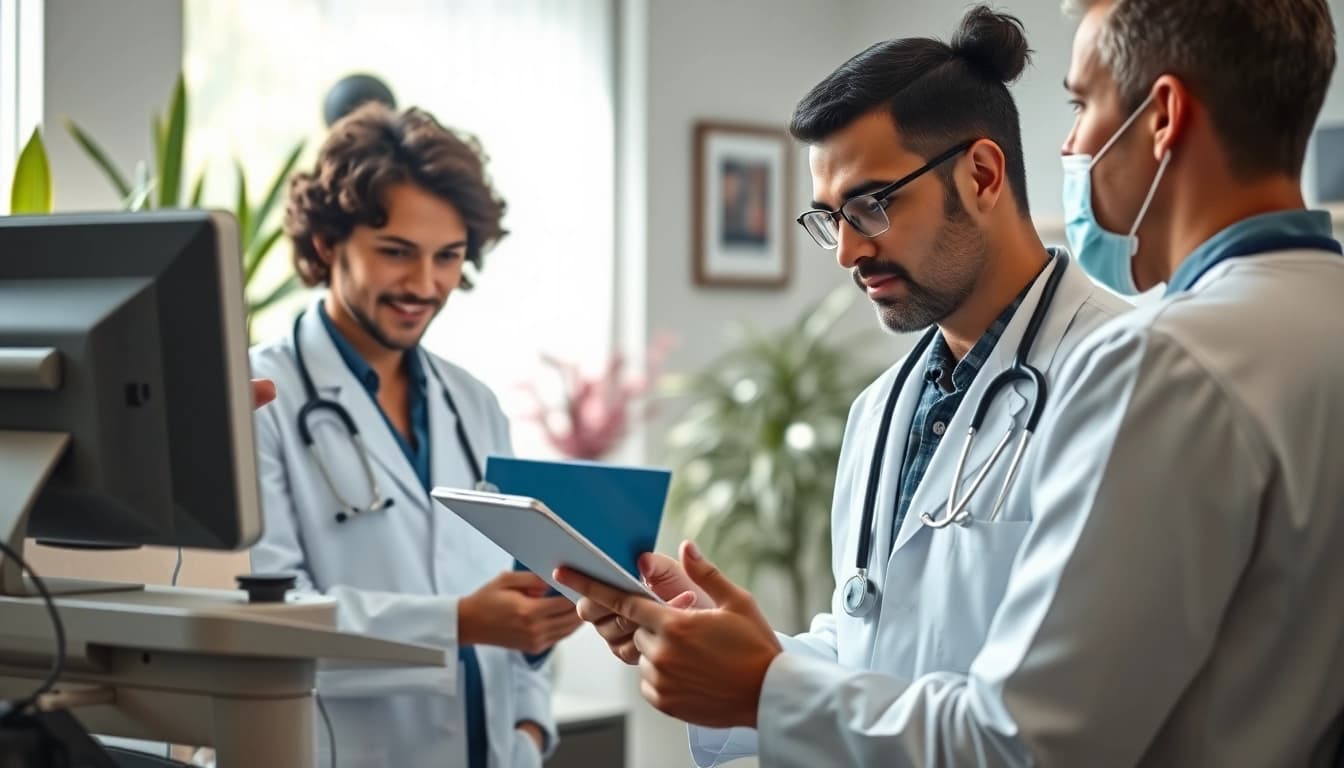 YourGP professionals discussing patient care in a modern healthcare setting.