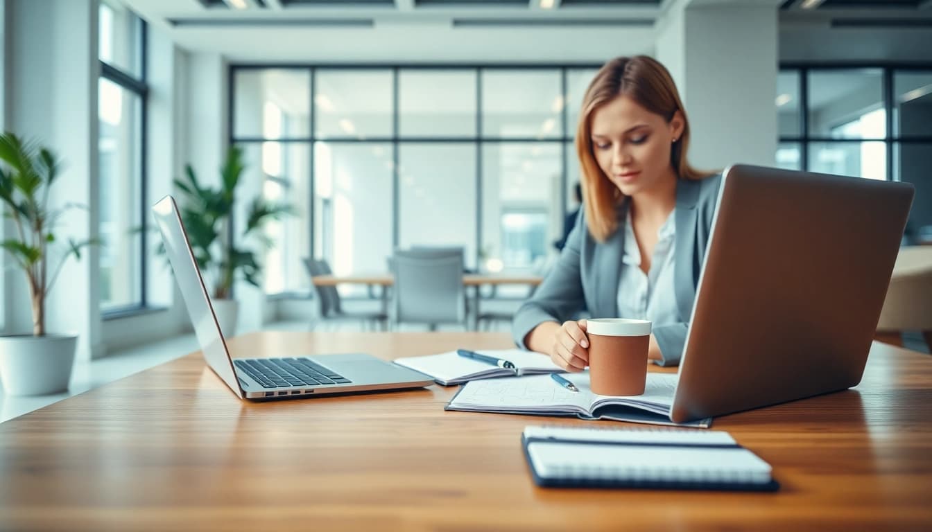 Executing skills in executive assistant training amidst a modern office environment.