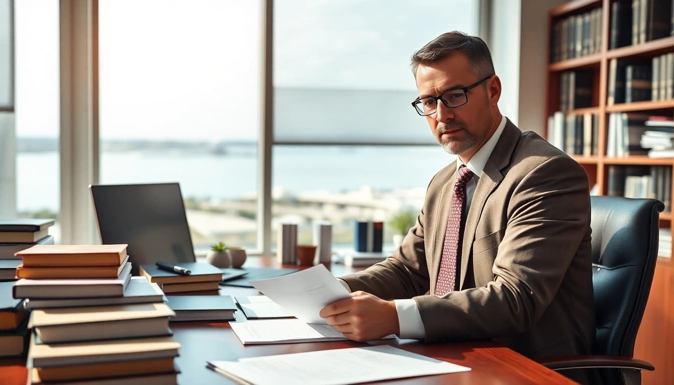 Truck accident attorney Clearwater reviewing legal documents in a professional office.