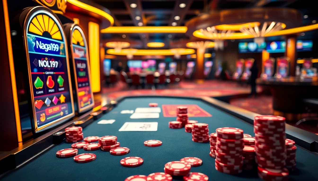 Naga169 RTP slot displayed on a modern slot machine surrounded by vibrant poker chips and betting slips.