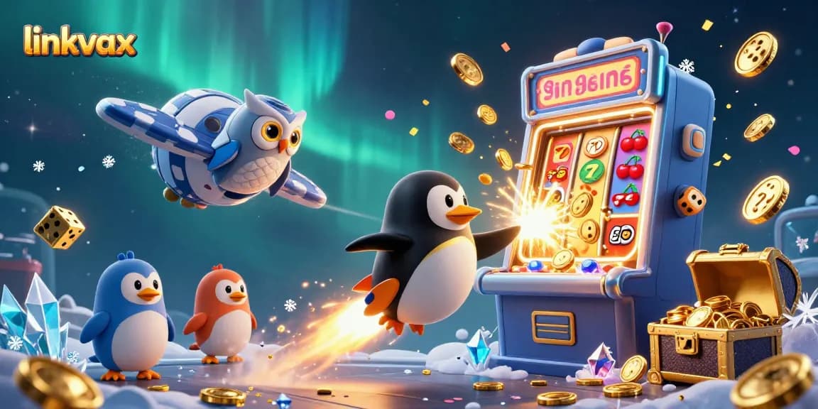 Experience thrilling gaming action at link vmax, featuring a golden penguin and exploding slot machine.