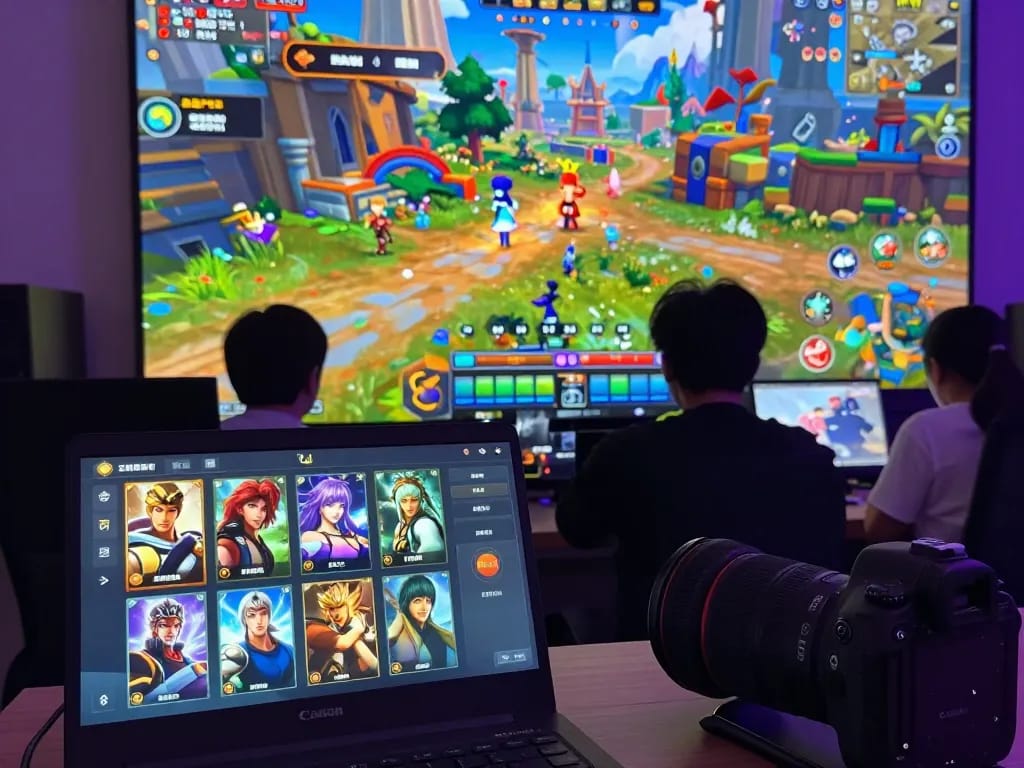 Immersive scene of characters from porno games with a colorful fantasy RPG backdrop, highlighting interactive gaming experiences.