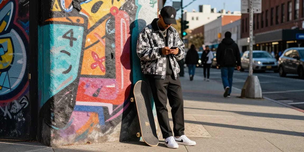 Stylish individual in 레플리카 clothing amidst urban street fashion scene