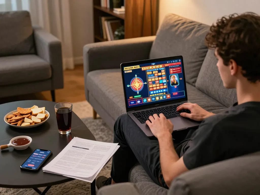 Engaging scene of a player enjoying slot server luar negeri on a laptop, highlighting strategic gaming in a cozy home.