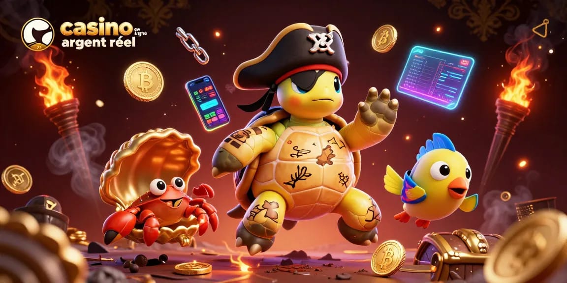 Casino en ligne argent réel : illustration d'une tortue pirate et créatures marines entourées de trésors