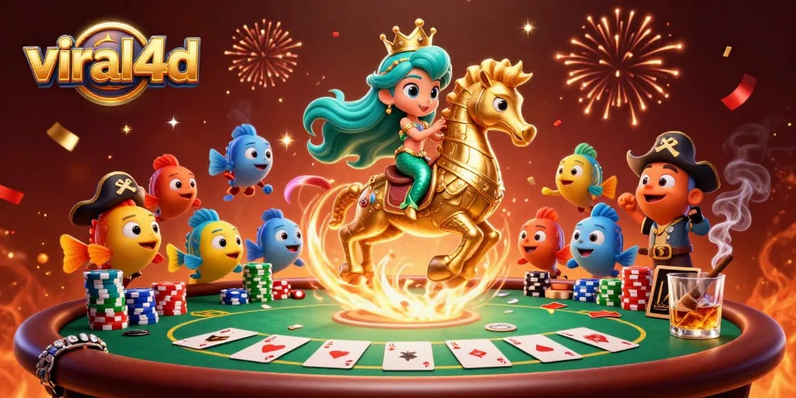 Experience viral4d gaming with a colorful mermaid and intricate poker elements in vibrant 3D art.