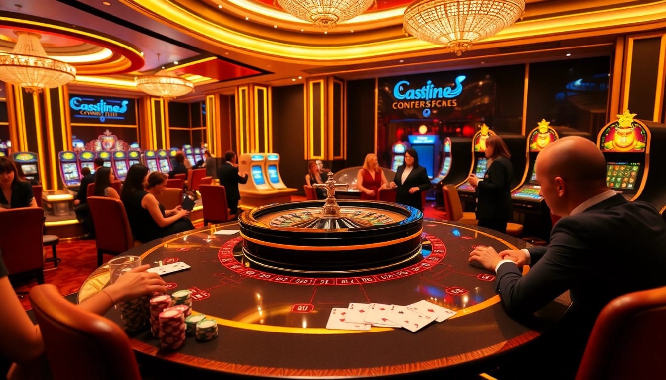 Joueurs profitant de jeux à enjeux élevés dans une atmosphère élégante de casino en ligne Français 2026.