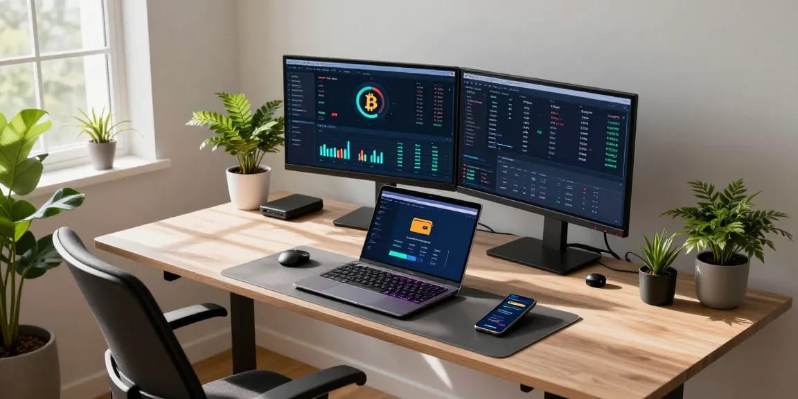Bitcoin mining website showcased in a modern workspace with cryptocurrency performance analytics on screens, demonstrating advanced mining technology and secure operations