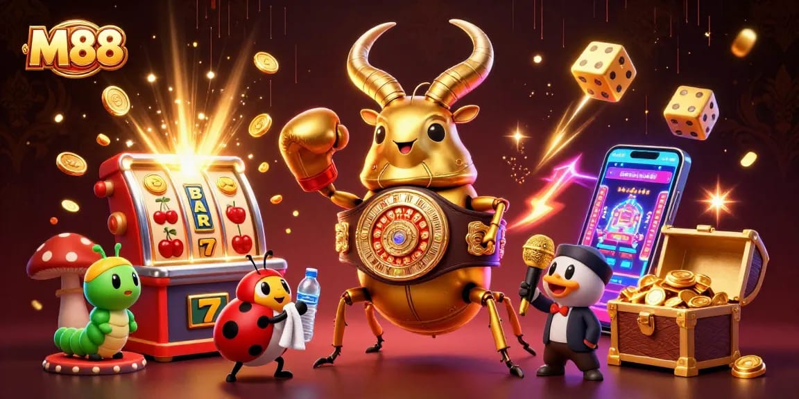 M88 offers thrilling casino action with vibrant slot machines, highlighting the excitement of winning jackpots.