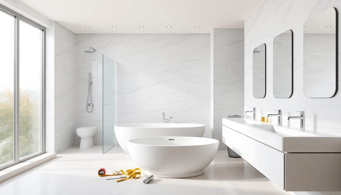 Expert bathroom builders showcasing modern design and elegant finishes in a bright setting.