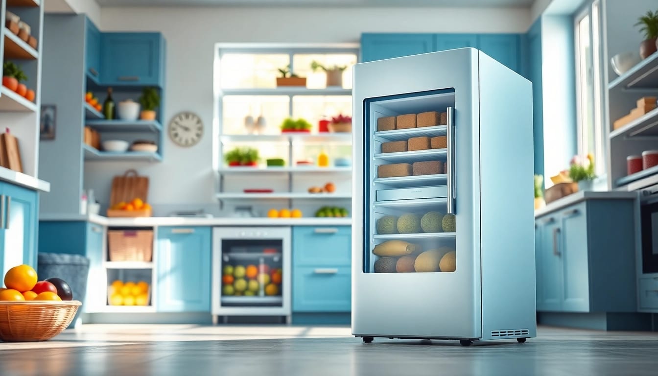 Freezer showcased prominently in a modern kitchen setting, emphasizing sleek design and storage.